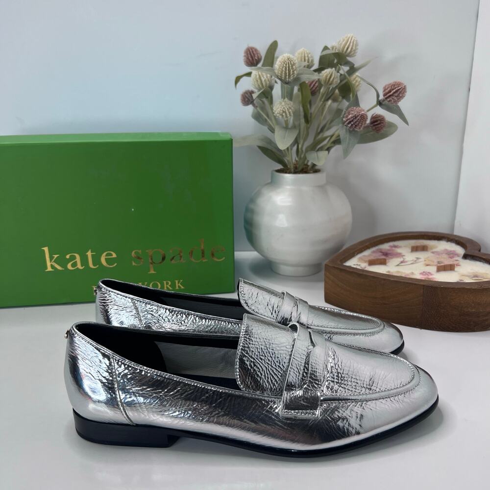 Kate Spade Genevieve Crinkle Metallic Leather Loafer Silver Women 7.5 Light wear